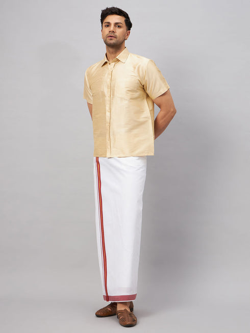 Vastramay Men's Gold And White Silk Blend Shirt And Mundu Set