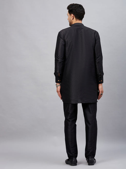 Vastramay Men's Black Silk Blend Curved Kurta Pant Set