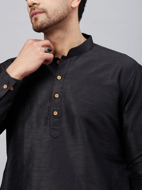 Vastramay Men's Black Silk Blend Curved Kurta Pant Set