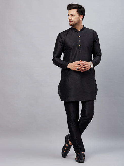 Vastramay Men's Black Silk Blend Curved Kurta Pant Set