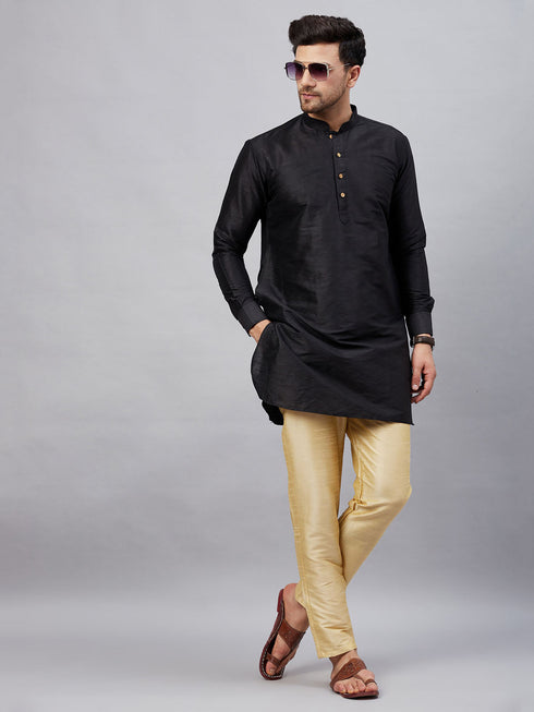 Vastramay Men's Black Silk Blend Curved Kurta Pant Set