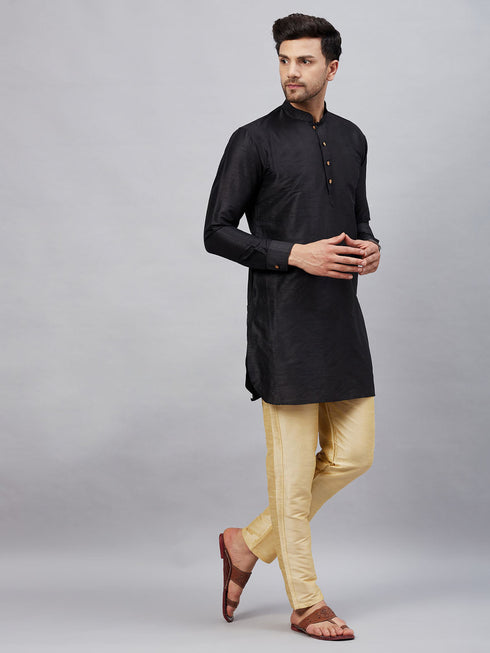 Vastramay Men's Black Silk Blend Curved Kurta Pant Set