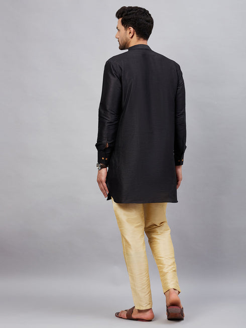 Vastramay Men's Black Silk Blend Curved Kurta Pant Set