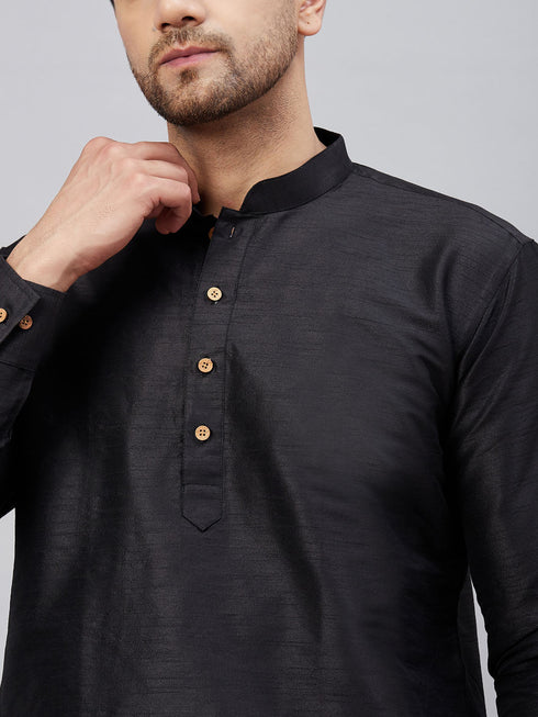 Vastramay Men's Black Silk Blend Curved Kurta Pant Set
