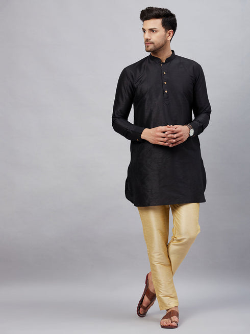 Vastramay Men's Black Silk Blend Curved Kurta Pant Set