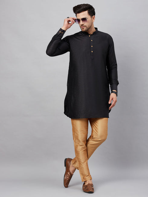 Vastramay Men's Black Silk Blend Curved Kurta Pant Set