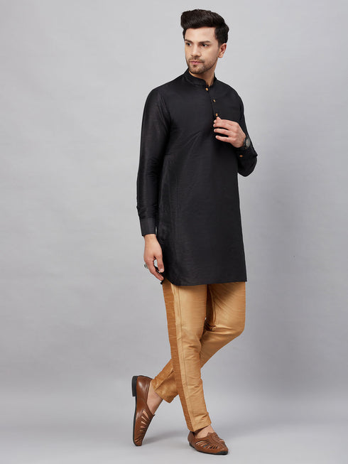 Vastramay Men's Black Silk Blend Curved Kurta Pant Set