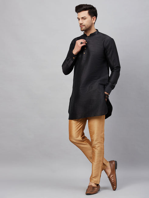 Vastramay Men's Black Silk Blend Curved Kurta Pant Set