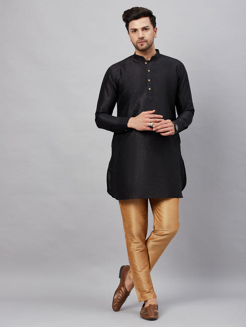 Vastramay Men's Black Silk Blend Curved Kurta Pant Set