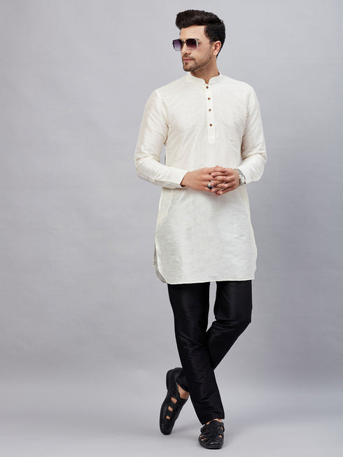 Vastramay Men's Cream Silk Blend Curved Kurta Pant Set