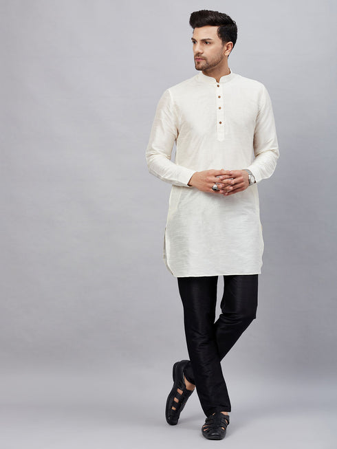 Vastramay Men's Cream Silk Blend Curved Kurta Pant Set