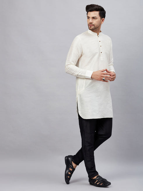 Vastramay Men's Cream Silk Blend Curved Kurta Pant Set