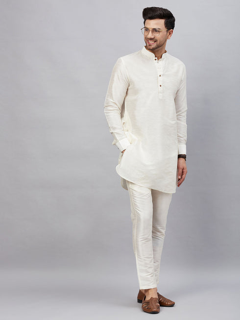Vastramay Men's Cream Silk Blend Curved Kurta Pant Set