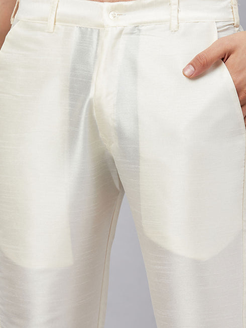 Vastramay Men's Cream Silk Blend Curved Kurta Pant Set