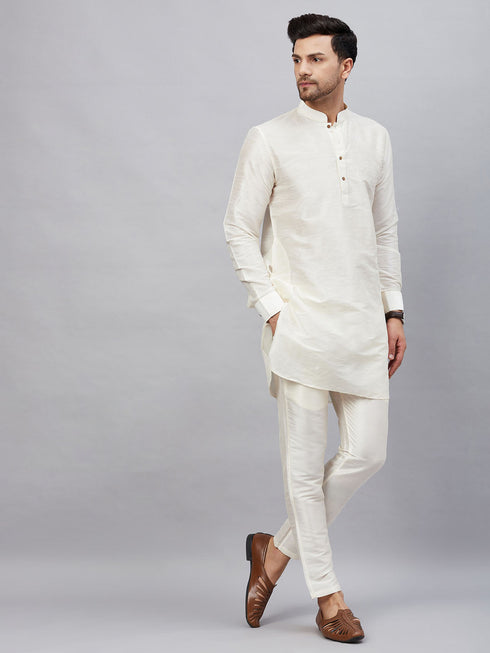 Vastramay Men's Cream Silk Blend Curved Kurta Pant Set
