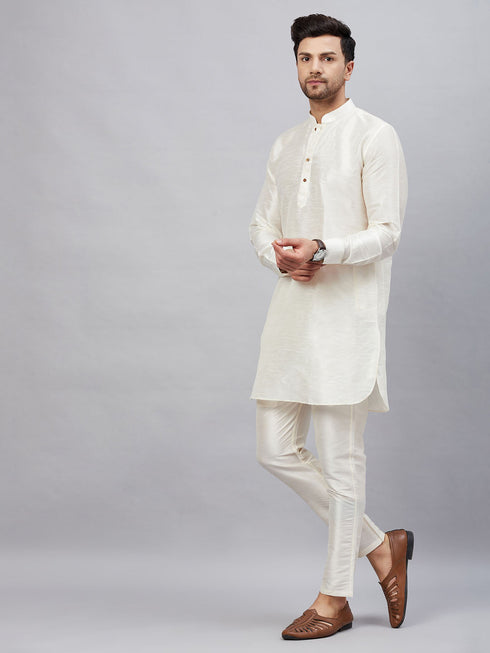 Vastramay Men's Cream Silk Blend Curved Kurta Pant Set