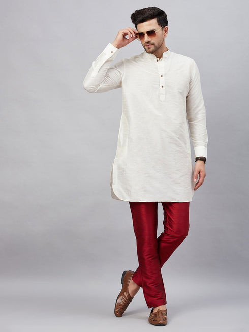 Vastramay Men's Cream Silk Blend Curved Kurta Pant Set