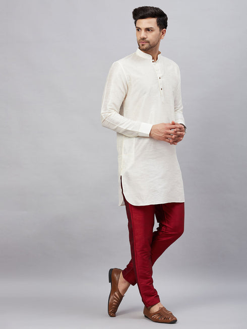 Vastramay Men's Cream Silk Blend Curved Kurta Pant Set