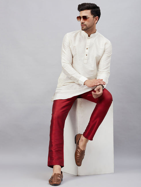 Vastramay Men's Cream Silk Blend Curved Kurta Pant Set