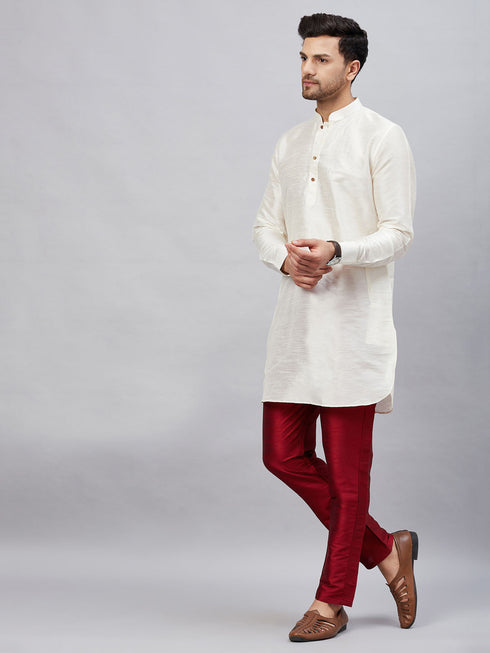 Vastramay Men's Cream Silk Blend Curved Kurta Pant Set