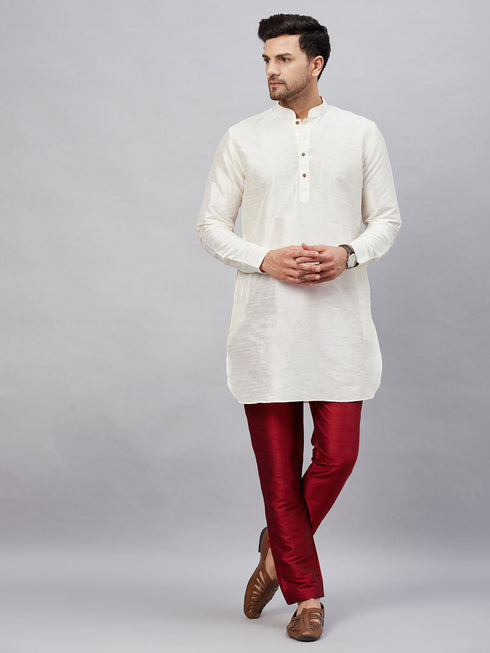 Vastramay Men's Cream Silk Blend Curved Kurta Pant Set