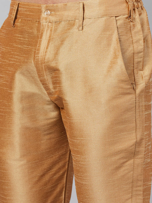 Vastramay Men's Cream Silk Blend Curved Kurta Pant Set