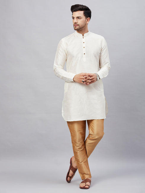 Vastramay Men's Cream Silk Blend Curved Kurta Pant Set