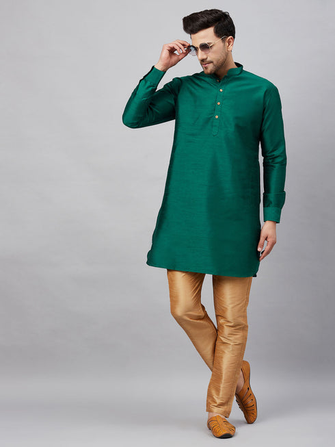 Vastramay Men's Green Silk Blend Curved Kurta Pant Set