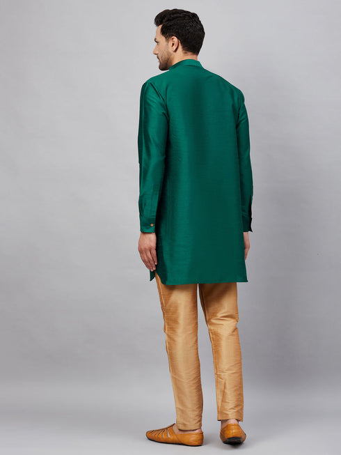 Vastramay Men's Green Silk Blend Curved Kurta Pant Set