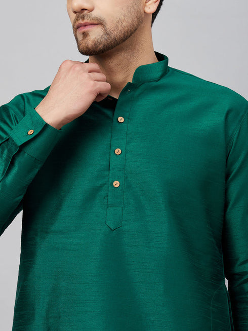 Vastramay Men's Green Silk Blend Curved Kurta Pant Set