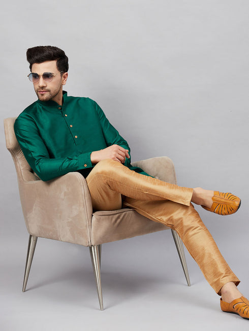 Vastramay Men's Green Silk Blend Curved Kurta Pant Set