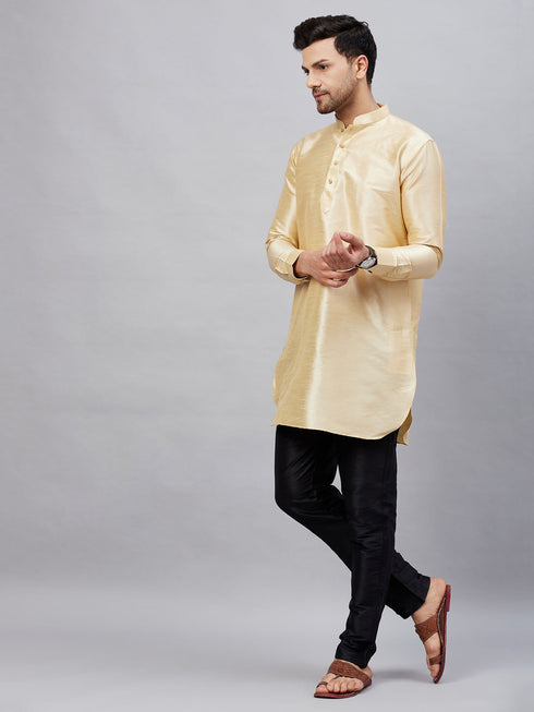 Vastramay Men's Gold Silk Blend Curved Kurta Pant Set