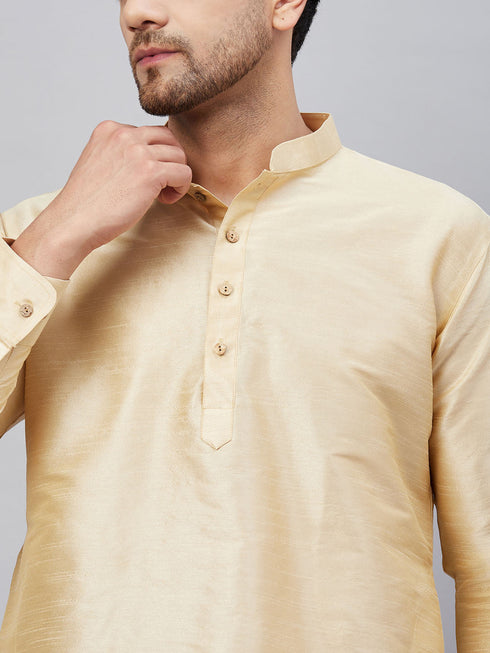 Vastramay Men's Gold Silk Blend Curved Kurta Pant Set
