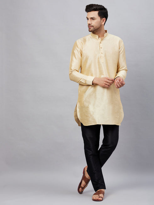 Vastramay Men's Gold Silk Blend Curved Kurta Pant Set