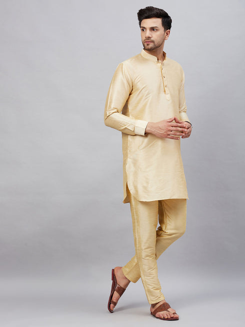 Vastramay Men's Gold Silk Blend Curved Kurta Pant Set
