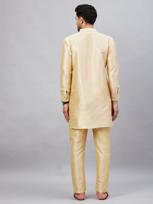 Vastramay Men's Gold Silk Blend Curved Kurta Pant Set