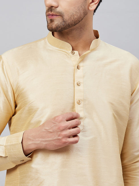 Vastramay Men's Gold Silk Blend Curved Kurta Pant Set