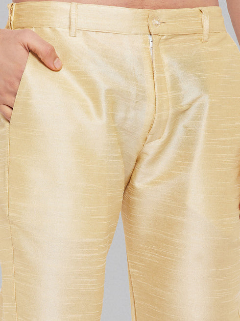 Vastramay Men's Gold Silk Blend Curved Kurta Pant Set