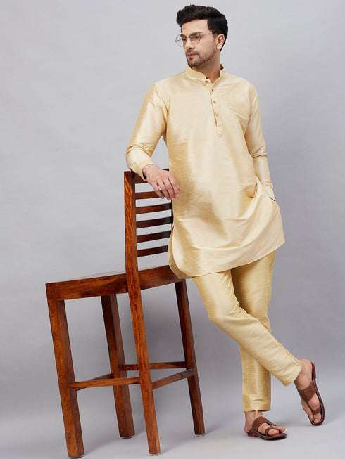 Vastramay Men's Gold Silk Blend Curved Kurta Pant Set