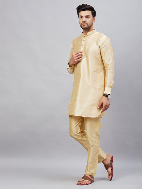 Vastramay Men's Gold Silk Blend Curved Kurta Pant Set