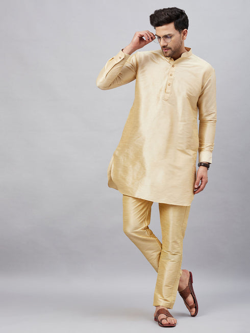 Vastramay Men's Gold Silk Blend Curved Kurta Pant Set