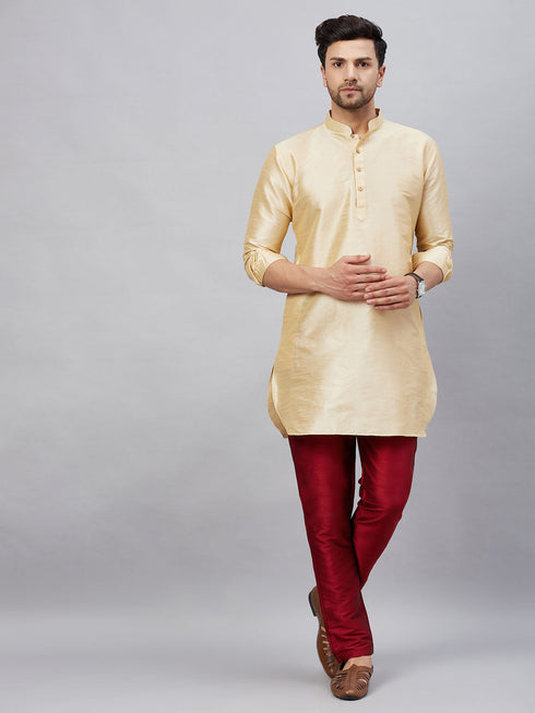 Vastramay Men's Gold Silk Blend Curved Kurta Pant Set