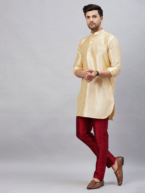 Vastramay Men's Gold Silk Blend Curved Kurta Pant Set