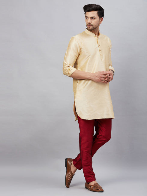 Vastramay Men's Gold Silk Blend Curved Kurta Pant Set