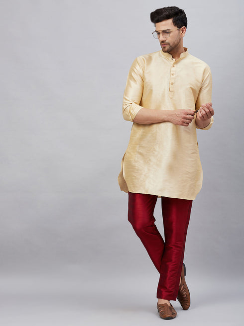 Vastramay Men's Gold Silk Blend Curved Kurta Pant Set