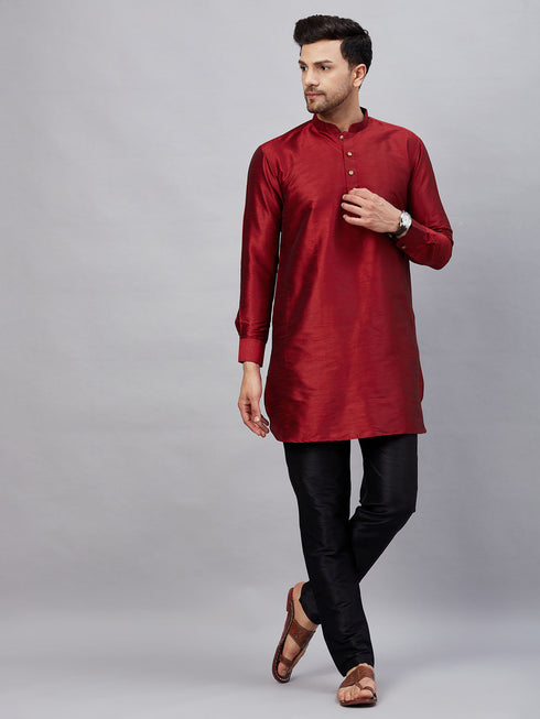 Vastramay Men's Maroon Silk Blend Curved Kurta Pant Set