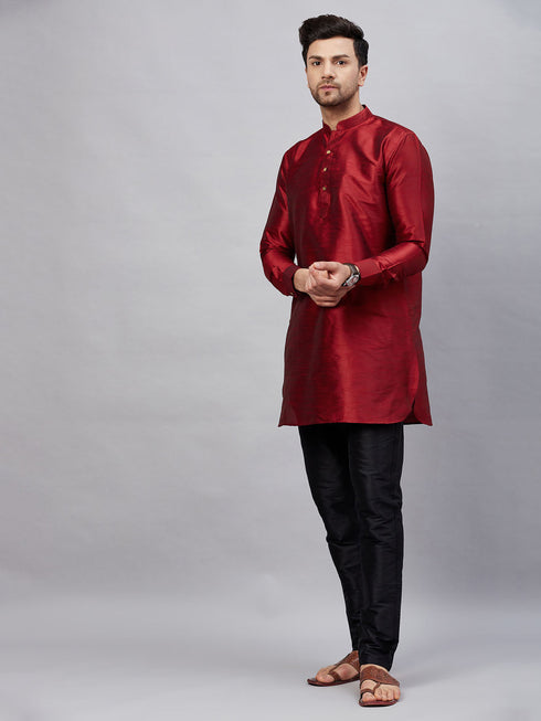 Vastramay Men's Maroon Silk Blend Curved Kurta Pant Set