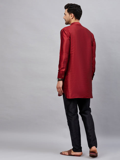 Vastramay Men's Maroon Silk Blend Curved Kurta Pant Set