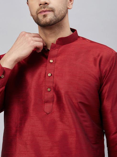 Vastramay Men's Maroon Silk Blend Curved Kurta Pant Set