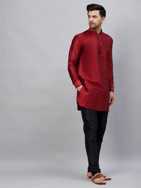Vastramay Men's Maroon Silk Blend Curved Kurta Pant Set